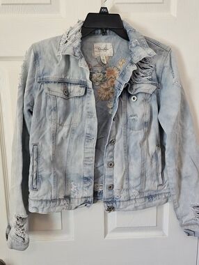 Jessica Simpson Light Blue Distressed Denim Jacket with Floral Embroidery